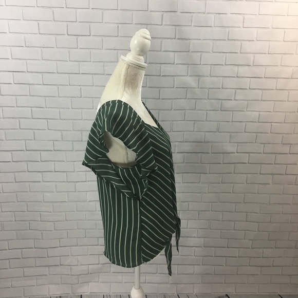 NWOT Green Striped Flutter Sleeve Tie Front Top - Picture 3 of 7